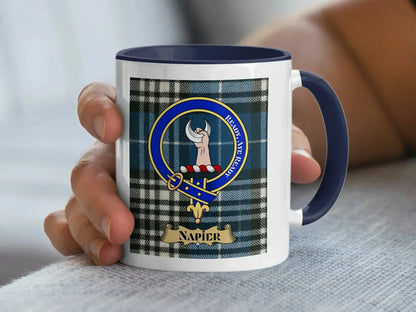Clan Napier tartan accent mug — 11oz ceramic with black handle and crest design