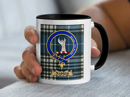 Clan Napier mug in navy — 15oz ceramic with tartan print and crest