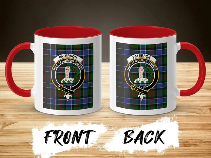 Front and back views of the red-accent Paterson mug, showing the crest on both sides.