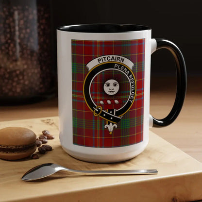 Pitcairn clan crest tartan plaid mug — 11 oz coffee cup, navy handle
