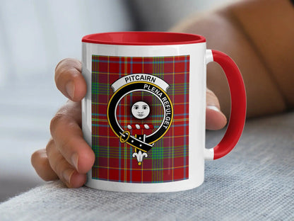 Pitcairn full-colour plaid tartan mug with black handle — 15 oz ceramic crest design