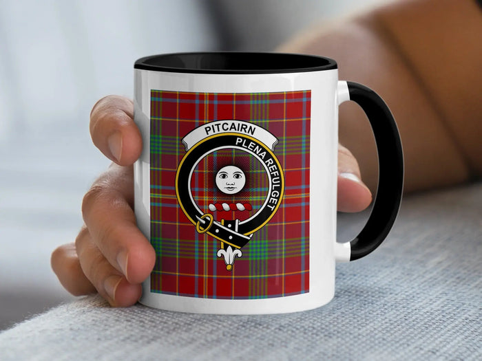 Clan Pitcairn Plena Refulget tartan pattern accent mug — navy handle, 15 oz