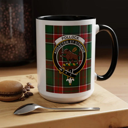 Pollock clan crest tartan mug with boar emblem — 15 oz ceramic, red handle and interior