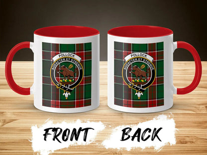 Pollock Audacter et Strenue crest plaid mug — navy handle, 11 oz glossy ceramic