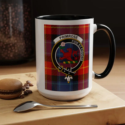 Primrose fide et fiducia crest mug — navy handle, tartan pattern on ceramic