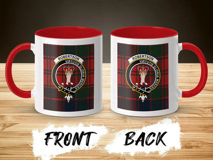Front and back views of the red-accent Robertson mug, with the crest printed on both sides.