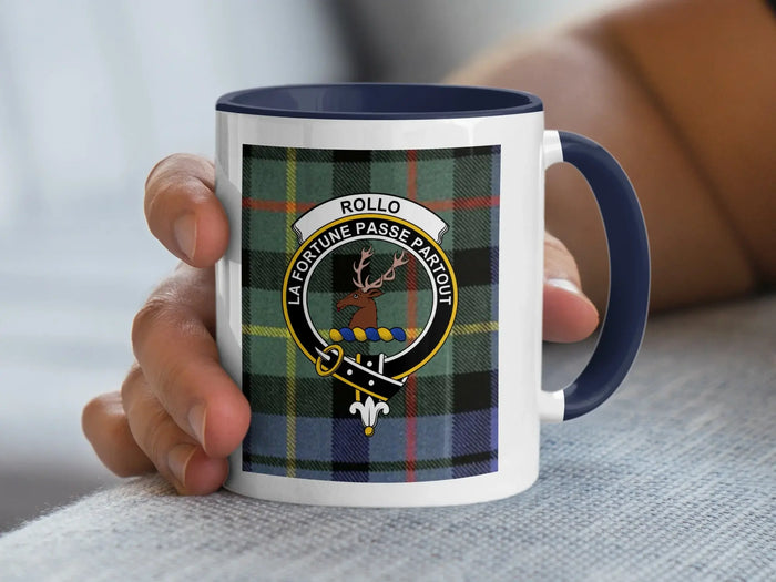 Clan Rollo tartan accent mug — 11 oz ceramic with black handle and La Fortune Passe Partout crest