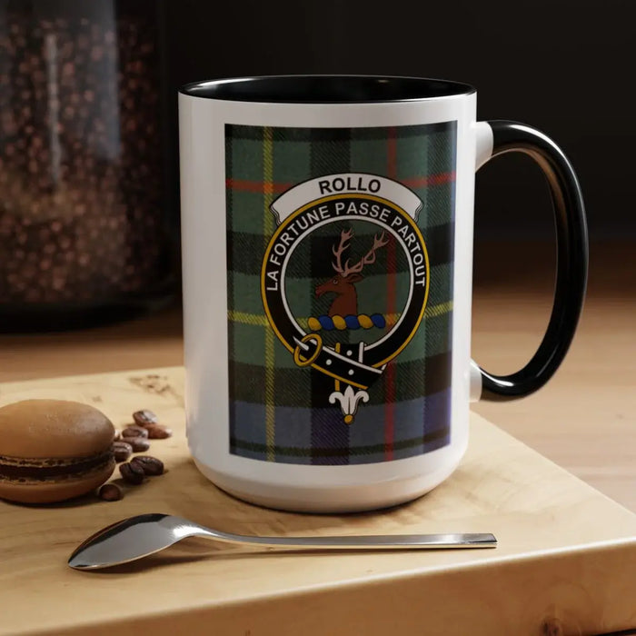 Rollo La Fortune Passe Partout tartan mug with stag crest design — 15 oz ceramic, red handle