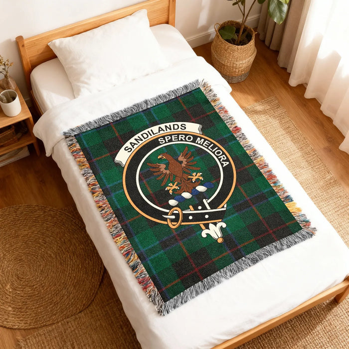 Sandilands Spero Meliora plaid woven blanket with tassels — cotton construction, fringe border