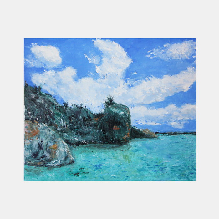 The artwork 'Coast Landscape' by Jadie Meprivert depicts a vibrant coastal scene with rugged turquoise cliffs emerging from crystal-clear Caribbean waters. Billowing white clouds float across an intense blue sky, creating dramatic contrast with the rocky shoreline. The oil painting captures the raw beauty of coastal formations using bold brushstrokes and rich textural details. Oil on canvas, 18x20 inches. By Jadie Meprivert.