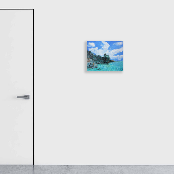 The artwork 'Coast Landscape' by Jadie Meprivert depicts a vibrant seascape with rugged coastal cliffs emerging from crystal-clear turquoise waters. White fluffy clouds dot the bright blue sky, creating dramatic contrast with the dark rocky formations. The oil painting captures the natural textures of the rocky coastline and the serene beauty of tropical waters, rendered in rich, bold brushstrokes on canvas. By Jadie Meprivert.
