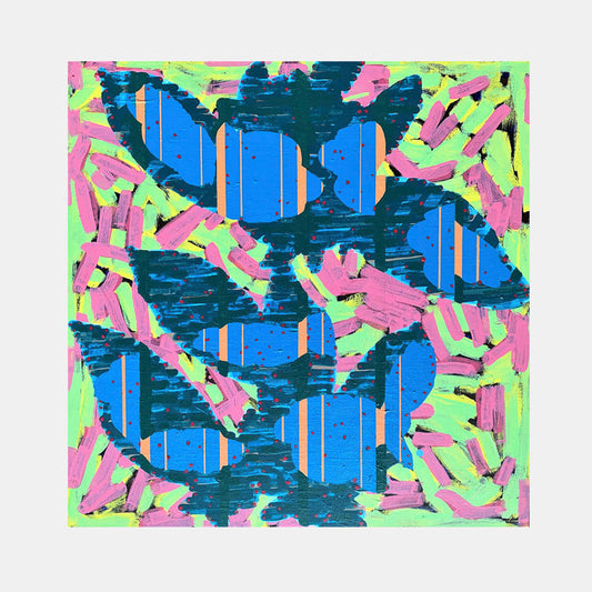 The artwork 'Composition No. 109' by Raul Ortiz features bold geometric abstraction with vibrant electric blue segments bordered by deep teal shapes, accented with dynamic strokes of neon pink and lime green. The 30x30 inch acrylic on linen painting creates a striking pattern of intersecting forms and energetic brushwork.