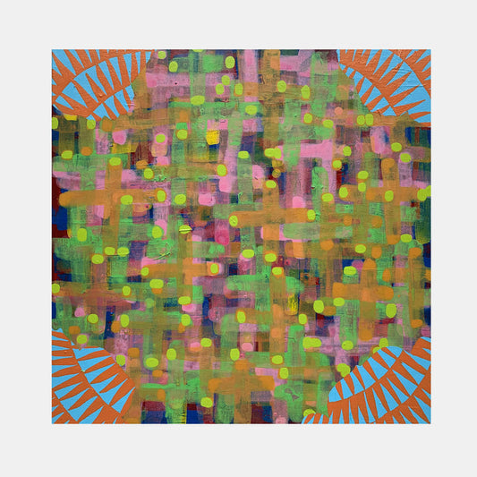 The artwork 'Composition No. 176' by Raul Ortiz features a vibrant abstract pattern with mosaic-like elements in green, pink, and orange tones, bordered by geometric blue and orange radiating shapes. The acrylic on linen painting combines dotted patterns with brushstroke textures in a contemporary style, creating a dynamic 18x18 inch composition by Raul Ortiz.