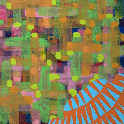 The artwork 'Composition No. 176' by Raul Ortiz features vibrant abstract patterns with luminous yellow-green dots scattered across a textured background of olive, orange, and pink brushstrokes. A striking geometric fan-like shape in bright blue and terracotta orange anchors the lower right corner. The acrylic on linen painting combines playful modern elements with rich, layered textures. By Raul Ortiz.