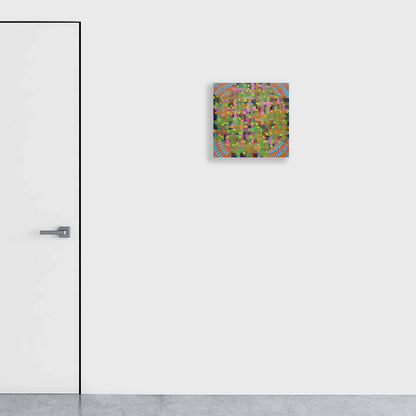 The artwork 'Composition No. 176' by Raul Ortiz features a vibrant mosaic-like pattern of small geometric squares arranged in a grid formation. The piece displays a playful mix of pink, green, orange, and blue hues on linen canvas, creating a dynamic abstract composition with a contemporary minimalist style. Acrylic medium, 18x18 inches by Raul Ortiz.