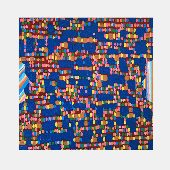 The artwork 'Composition No. 180' by Raul Ortiz features vibrant dotted patterns against a deep blue background. Multicolored circular forms in pink, orange, and yellow create rhythmic horizontal sequences across the canvas. The acrylic on linen piece showcases a playful arrangement of dots, creating a dynamic abstract composition measuring 18x18 inches. By Raul Ortiz.