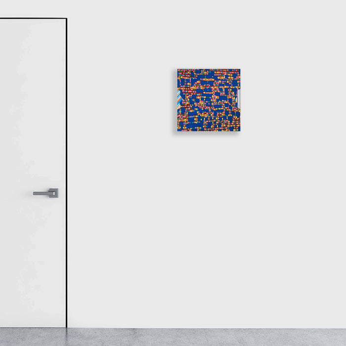 Composition No. 180 by Raul Ortiz: Abstract geometric artwork featuring vibrant electric blue background with intricate orange and red mosaic-like patterns scattered throughout. Acrylic on linen, 18x18 inches, showcasing a contemporary minimalist style with dynamic color contrasts and textural elements.