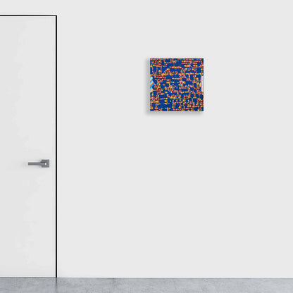 Composition No. 180 by Raul Ortiz: Abstract geometric artwork featuring vibrant electric blue background with intricate orange and red mosaic-like patterns scattered throughout. Acrylic on linen, 18x18 inches, showcasing a contemporary minimalist style with dynamic color contrasts and textural elements.