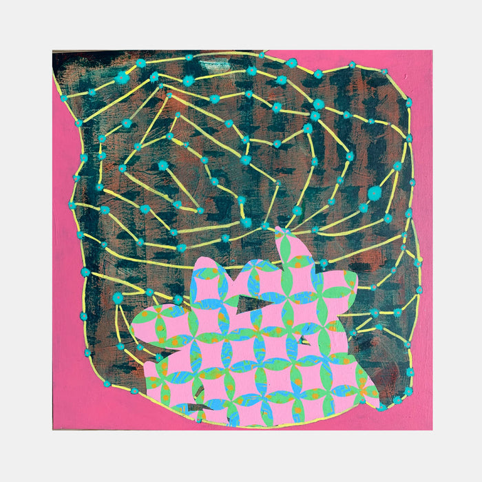The artwork 'Composition No. 185' by Raul Ortiz features an abstract geometric pattern combining a dark textured background with vibrant pink borders. A network of yellow-green lines creates a web-like structure with turquoise nodes, while a lower section displays a repeating pattern of pink and turquoise circles forming a floral mosaic. Acrylic on linen, 30x30 inches.