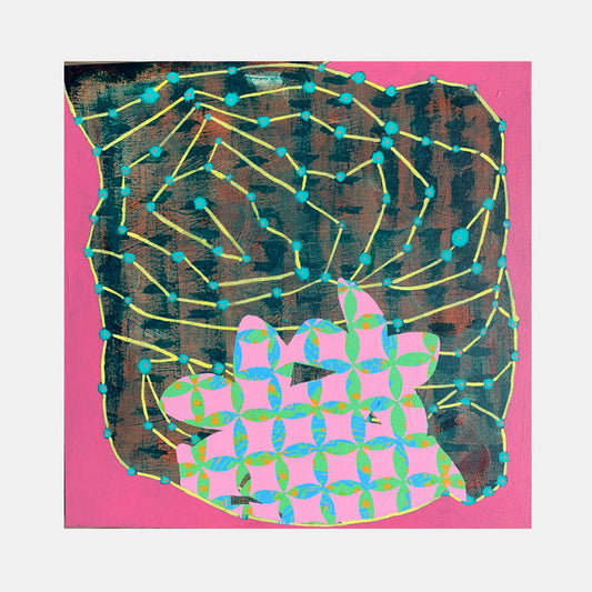 The artwork 'Composition No. 185' by Raul Ortiz features an abstract geometric pattern combining a dark textured background with vibrant pink borders. A network of yellow-green lines creates a web-like structure with turquoise nodes, while a lower section displays a repeating pattern of pink and turquoise circles forming a floral mosaic. Acrylic on linen, 30x30 inches.