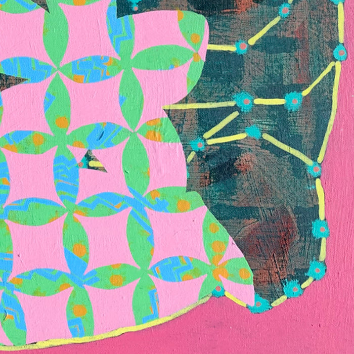 Composition No. 185 by Raul Ortiz features vibrant geometric patterns combining pink quatrefoil flowers with mint green petals against a dark teal background. Turquoise dots connected by yellow lines create a constellation-like design, showcasing a contemporary abstract style. Acrylic on linen, 30x30 inches. By Raul Ortiz.