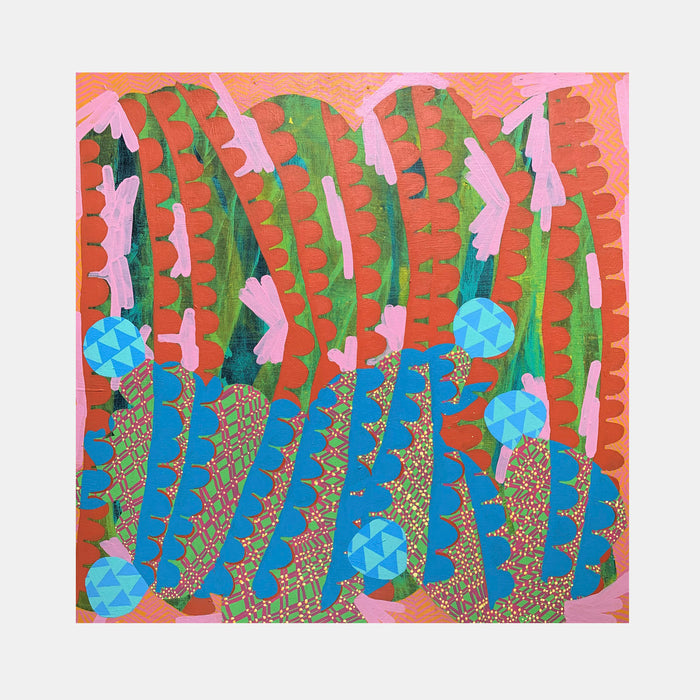 The artwork 'Composition No. 188' by Raul Ortiz features rhythmic vertical patterns in coral red and seafoam green, interspersed with geometric blue crystals. Abstract organic forms create a dynamic composition on linen, with textured elements in gold and pink accents. Acrylic painting showcases a harmonious blend of bold colors and playful shapes in a 30x30 inch format.