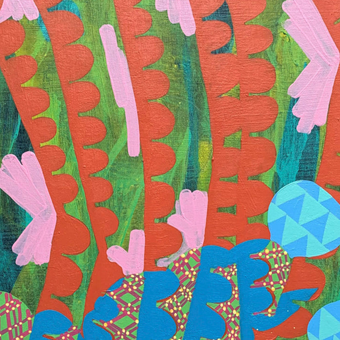 The artwork 'Composition No. 188' by Raul Ortiz features vibrant abstract patterns with coral-red scalloped shapes contrasting against emerald green vertical stripes. Pink fan-like forms and turquoise geometric elements create dynamic movement, while textured linen canvas adds depth to the 30x30 inch acrylic painting.