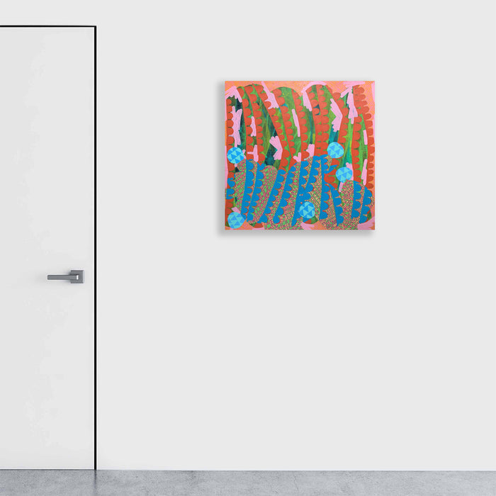 The artwork 'Composition No. 188' by Raul Ortiz features vibrant vertical stripes in coral pink and forest green, accented with bright turquoise circular elements. Abstract wavy patterns create a dynamic rhythm across the linen canvas, showcasing a modern expressionist style with bold acrylic brushstrokes and organic flowing forms. A 30x30 inch contemporary abstract painting by Raul Ortiz.