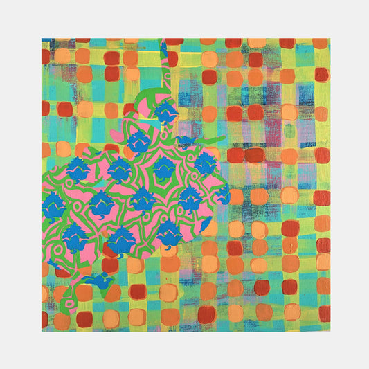 The artwork 'Composition No. 190' by Raul Ortiz features a vibrant abstract pattern combining geometric and organic forms. A mosaic-like background of turquoise and orange rounded squares contrasts with a cluster of blue floral motifs intertwined with pink accents and green curved lines. The acrylic on linen piece showcases a playful interaction between structured grid patterns and flowing botanical elements.