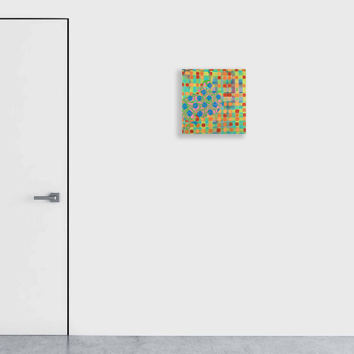 Composition No. 190 by Raul Ortiz: Abstract geometric artwork featuring vibrant mosaic-like patterns in orange, turquoise, and green squares arranged on linen canvas. The 18x18 inch acrylic painting displays a playful interplay of colors creating a dynamic grid composition with a modern, minimalist aesthetic.