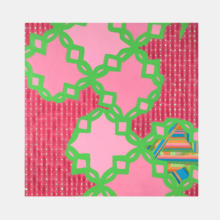 The artwork 'Composition No. 192' by Raul Ortiz features vibrant geometric patterns with interlocking green diamond chains forming circular motifs against a pink background. A textured red striped pattern adds depth to one side, while a small multicolored triangular element in rainbow hues appears in the corner. Created with acrylic on linen, 18x18 inches. By Raul Ortiz.