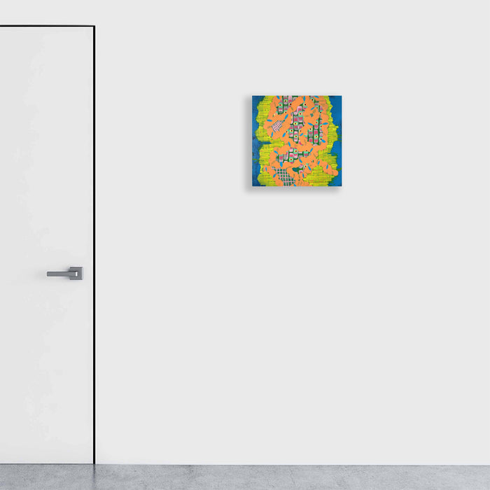 The artwork 'Composition No. 196' by Raul Ortiz features abstract geometric patterns in vibrant yellow and orange hues contrasting with deep blue backgrounds. The acrylic on linen painting displays intricate mosaic-like elements with textured surfaces and layered shapes, creating a dynamic contemporary composition measuring 18x18 inches.