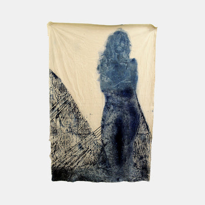 The artwork 'Crepuscular' features a ethereal silhouette in deep indigo blue cyanotype against a coffee-stained canvas background. A textured, abstract landscape pattern fills the lower left corner, creating a dramatic diagonal composition. The figure emerges from the textural elements, rendered in atmospheric blue tones. By Johanna Ryan.