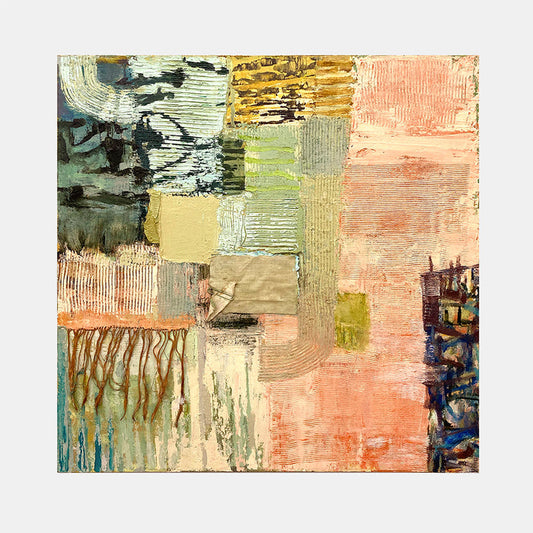The artwork 'Day Memo' by Molly Herman features an abstract composition with textural collage elements and oil paint. Soft peach, mint green, and earthy browns create a harmonious patchwork of geometric shapes. Dripping effects and layered brushstrokes add depth, while distressed paper elements create visual interest. The 24x24 inch canvas showcases a modern, mixed-media approach by Molly Herman.