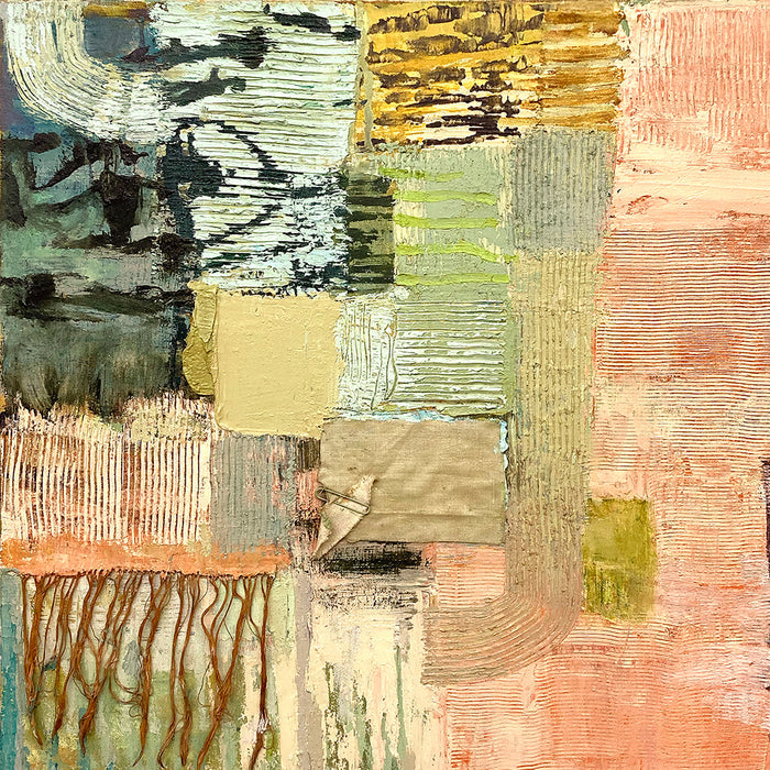The artwork 'Day Memo' by Molly Herman features a patchwork-like abstract composition with textured squares in muted peach, olive green, and cream tones. Bold brushstrokes and collage elements create a layered effect, with linear patterns and rough textures throughout the 24x24 inch oil painting. Vertical striations and organic markings add depth and movement across the canvas. By Molly Herman.