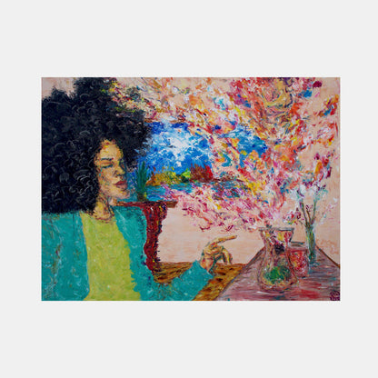 The artwork 'Dream of Love' depicts a serene scene with vibrant impressionistic brushstrokes, featuring a composition in turquoise and lime green tones against an explosion of multicolored floral elements. The oil painting showcases dynamic textures with an expressive, contemporary style on canvas, measuring 40x60 inches. By Jadie Meprivert.