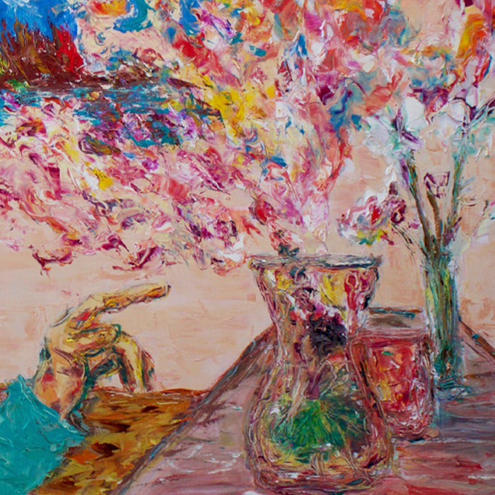 The artwork 'Dream of Love' features a vibrant expressionist still life with glass vases containing colorful flowers against a peachy background. Bold brushstrokes create a dynamic composition with splashes of pink, blue, yellow, and turquoise. The impasto technique adds rich texture to this oil painting, creating an ethereal, dreamlike quality. By Jadie Meprivert.