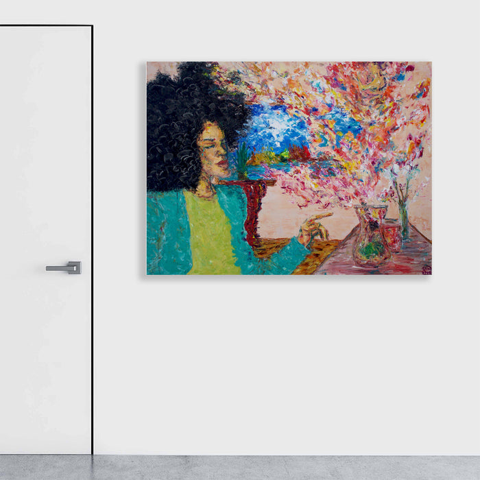 The artwork 'Dream of Love' by Jadie Meprivert depicts a person in a vibrant turquoise and lime green outfit against a dreamy background. Colorful abstract swirls of pink, purple, and blue burst forth like cherry blossoms, creating an ethereal atmosphere. An impressionistic oil painting style with bold textures and expressive brushstrokes brings dynamic energy to the 40x60 canvas composition by Jadie Meprivert.
