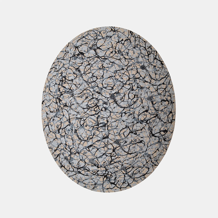 The artwork 'Emergent Volution' by Eric Jiaju Lee features an intricate web of black flowing lines creating an organic pattern across a silvery-gray background. The abstract composition resembles cracked earth or neural networks, with delicate brushstrokes interweaving throughout the oval-shaped canvas, creating depth and movement in acrylic paint.