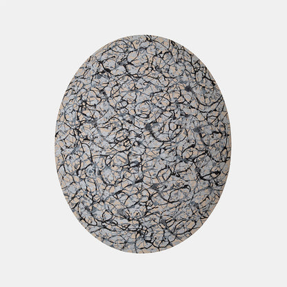 The artwork 'Emergent Volution' by Eric Jiaju Lee features an intricate web of black flowing lines creating an organic pattern across a silvery-gray background. The abstract composition resembles cracked earth or neural networks, with delicate brushstrokes interweaving throughout the oval-shaped canvas, creating depth and movement in acrylic paint.