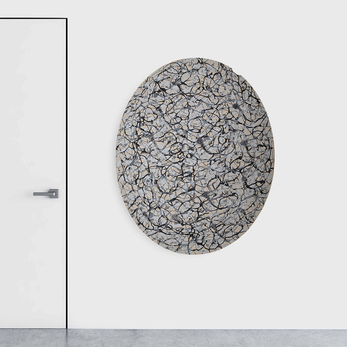 The artwork 'Emergent Volution' by Eric Jiaju Lee features a circular canvas filled with intricate black brushstrokes forming an abstract network pattern against a light gray background. The organic, flowing lines create a dynamic composition reminiscent of natural cellular structures, showcasing a contemporary minimalist approach in acrylic on canvas.