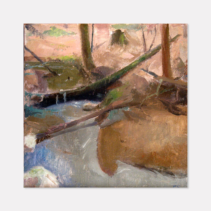 The artwork 'Fallen Trees in a Stream' by Peter Colquhoun depicts a serene woodland scene with fallen tree trunks crossing a flowing stream. The oil painting features muted earth tones of browns and mossy greens, contrasting with silvery blue water reflections. The impressionistic brushwork creates a natural, organic texture across the 12x12 inch linen canvas. By Peter Colquhoun.