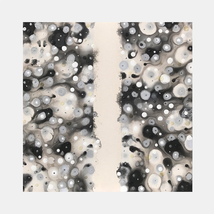 The artwork 'Getting Together' by Eric Jiaju Lee features an abstract composition with a vertical cream-colored divide splitting two mirrored sections of monochromatic cellular patterns. Circular forms in varying shades of black, white, and gray create a dynamic, organic texture reminiscent of microscopic organisms or cosmic formations in acrylic on canvas. By Eric Jiaju Lee.
