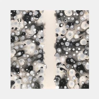 The artwork 'Getting Together' by Eric Jiaju Lee features an abstract composition with a vertical cream-colored divide splitting two mirrored sections of monochromatic cellular patterns. Circular forms in varying shades of black, white, and gray create a dynamic, organic texture reminiscent of microscopic organisms or cosmic formations in acrylic on canvas. By Eric Jiaju Lee.