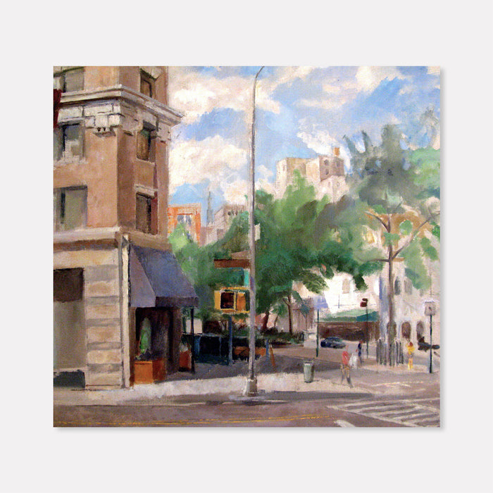 The artwork 'Hudson and Chambers Street' by Peter Colquhoun captures a vibrant New York City intersection in oil on linen. The scene features a brownstone building corner with tan stonework, blue awnings, and street signs against a summer sky with fluffy clouds. Lush green trees line the urban streetscape, while distant buildings peek through the foliage. By Peter Colquhoun.
