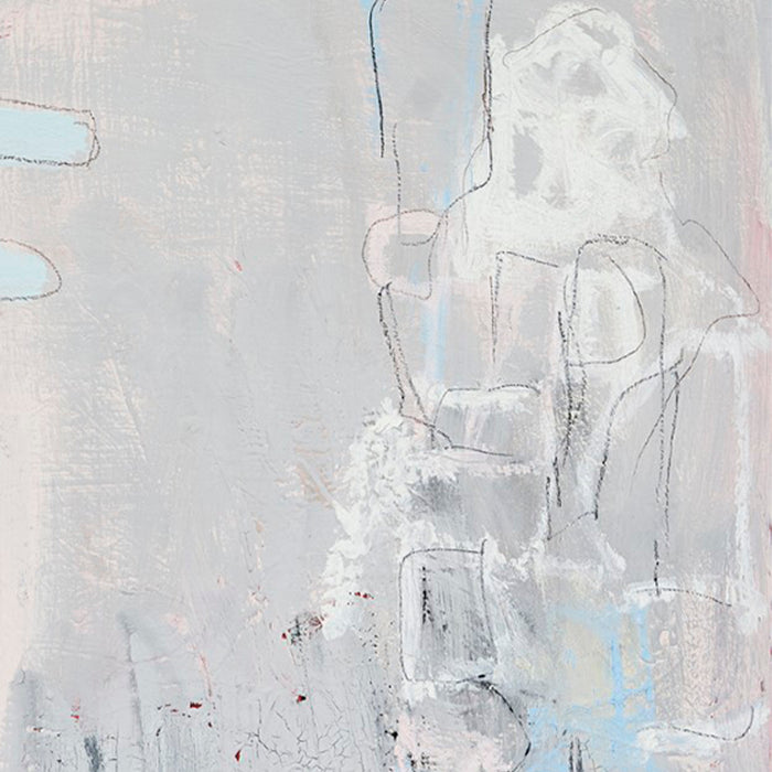 The artwork 'I Never Promised You A Rose Garden #1' by Petra Nimtz features an abstract composition in soft grays and pale blues on yupo paper. Delicate charcoal lines intersect with ethereal white shapes, creating a minimalist yet emotional landscape. Subtle pink undertones and textural brushwork add depth to the 28x20 inch oil painting.