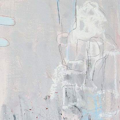 The artwork 'I Never Promised You A Rose Garden #1' by Petra Nimtz features an abstract composition in soft grays and pale blues on yupo paper. Delicate charcoal lines intersect with ethereal white shapes, creating a minimalist yet emotional landscape. Subtle pink undertones and textural brushwork add depth to the 28x20 inch oil painting.