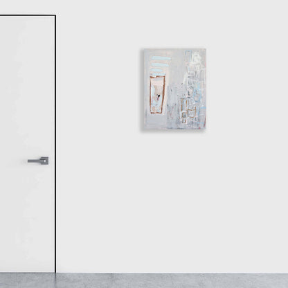 The artwork 'I Never Promised You A Rose Garden #1' features an abstract composition with a prominent rust-colored rectangular frame against a misty gray background. Layered textural elements in pale blues and whites create a fragmented, architectural effect. Oil paint on yupo medium adds unique translucent qualities and modern aesthetic appeal. By Petra Nimtz.