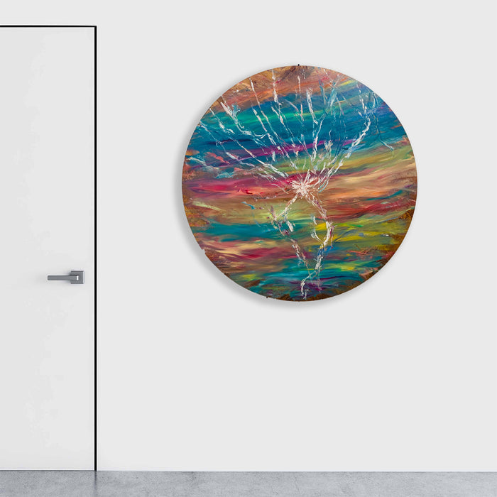 Impressions of Light 1 by Jadie Meprivert features a circular oil painting on wood with dynamic splashes of vibrant turquoise, coral pink, and golden hues radiating from a central point. Abstract brushstrokes create a sense of movement and energy, with white crystalline patterns emerging from the colorful background. The 48-inch round artwork captures the essence of light breaking through atmosphere by Jadie Meprivert.