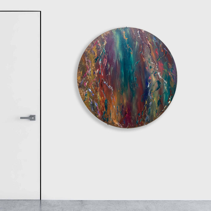 Impressions of Light 3 by Jadie Meprivert features a circular abstract oil painting on wood with vibrant swirling patterns. Deep turquoise and navy blend with warm copper and burgundy tones, creating a fluid, marbled effect. Textural elements and dynamic color transitions evoke natural phenomena like aurora borealis or mineral formations. 48-inch round composition by Jadie Meprivert.